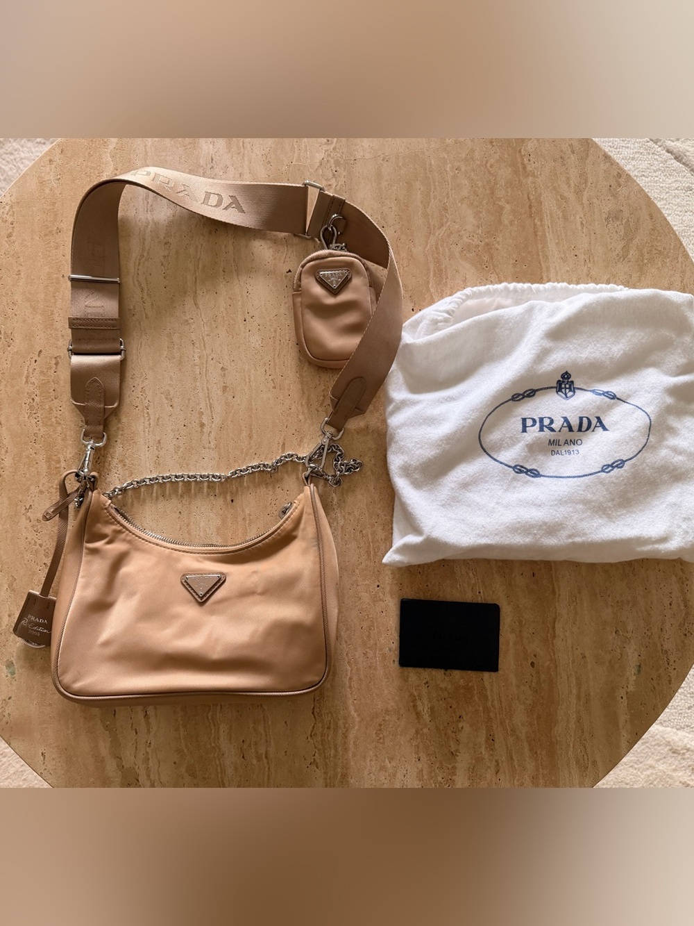Prada Beige Nylon Shoulder Bag with Wide Logo Strap and Chain